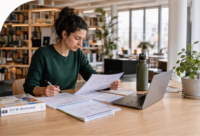 A certification learner reviewing study notes beside a laptop in a bright library